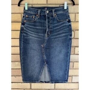 Gap Denim High Waisted Button Fly Pencil Skirt Dark Wash Blue Size 0/25